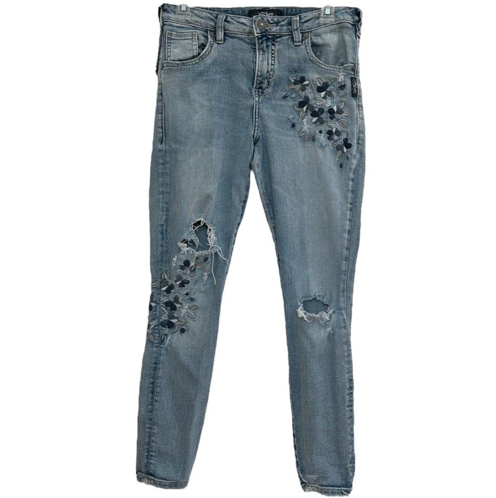 Silver Jeans Co Izzy Ankle Skinny Floral Embroidery Petite W 27 L27 Flowers S .